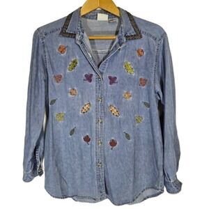 Vtg Fall Embroidered Ribbon Collared Denim Shirt Large Leaves Novelty Autumn 90s
